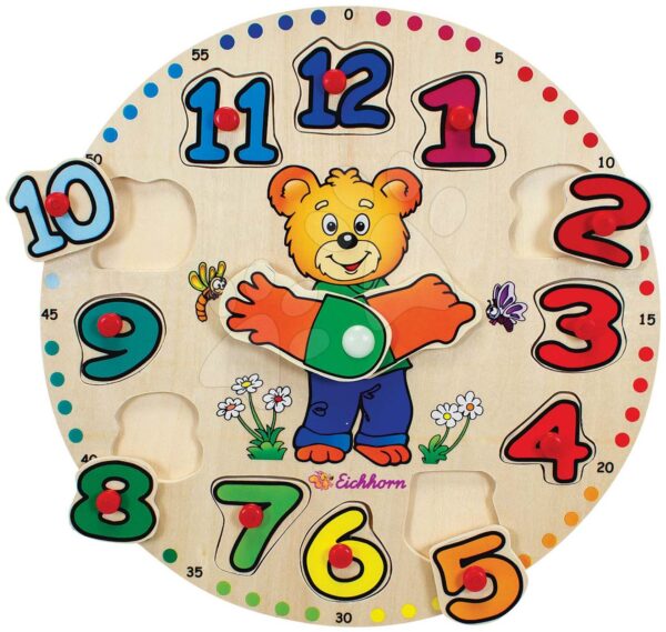 Fa készségfejlesztő puzzle óra Teaching Clock Eichhorn 12 formaillesztő számmal 24 hó-tól gyerek játék webáruház - játék rendelés online Fa gyerekjátékok | Fa oktatójátékok
