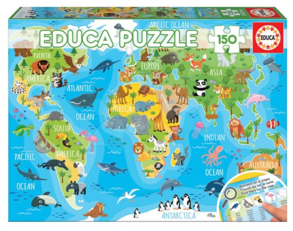 Puzzle Világtérkép állatokkal Educa 150 darab 7 éves kortól gyerek játék webáruház - játék rendelés online Puzzle és társasjátékok | Gyerek puzzle | Gyerek puzzle 100-300 darabos
