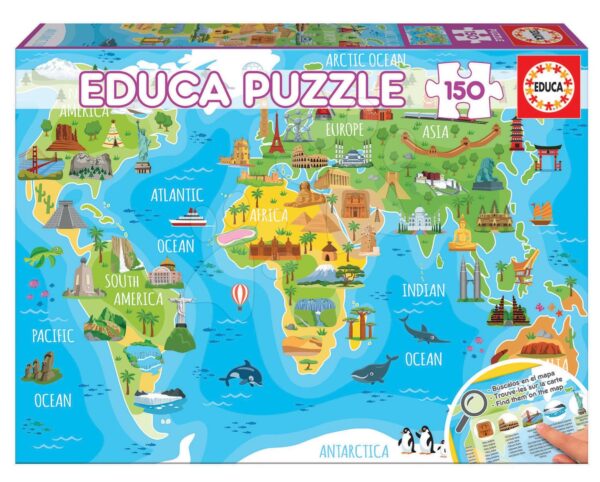 Puzzle Világtérkép műemlékekkel Educa 150 darabos 7 évtől gyerek játék webáruház - játék rendelés online Puzzle és társasjátékok | Gyerek puzzle | Gyerek puzzle 100-300 darabos