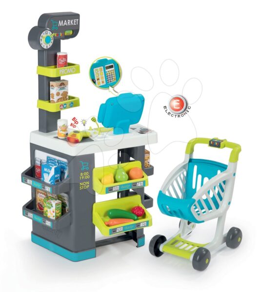 Smoby közért élelmiszerekkel Market türkíz elektronikus pénztárgéppel és vonalkódolvasóval 34 kiegészítővel 350212 gyerek játék webáruház - játék rendelés online Szerepjátékok | Szupermarketek | Szupermarketek gyerekeknek