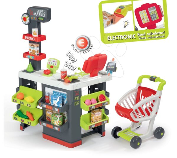 Smoby játékbolt bevásárlókocsival Supermarket piros elektronikus pénztárgéppel és vonalkódolvasóval