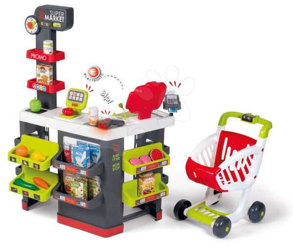 Közért bevásárlókocsival és élelmiszerekkel Supermarket Smoby elektronikus pénztárgéppel és szkennerrel mérleggel és 42 kiegészitővel gyerek játék webáruház - játék rendelés online Szerepjátékok | Szupermarketek | Szupermarketek gyerekeknek