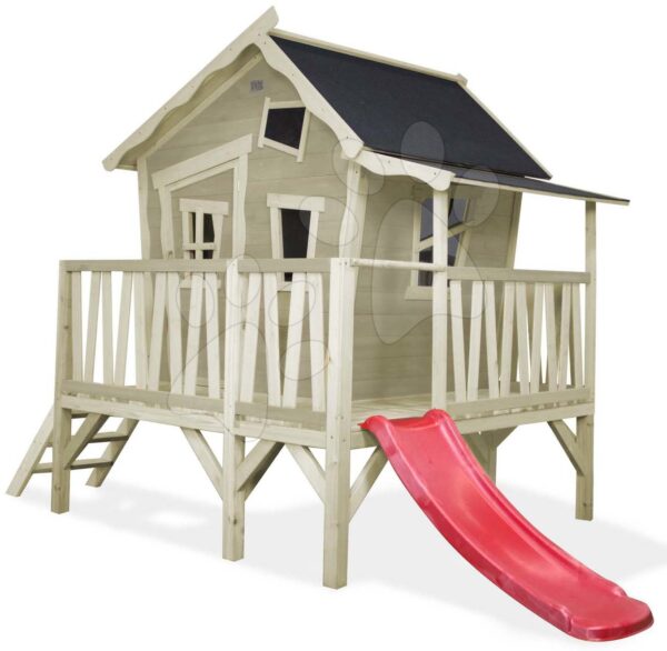 Házikó pilléreken cédrusból Crooky 350 Exit Toys vízhatlan tetővel tornáccal és csúszdával szürkés-bézs gyerek játék webáruház - játék rendelés online Kerti játszóházak | Kerti játszóházak fából