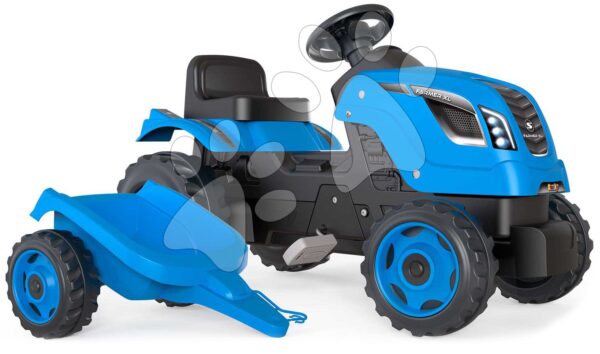 Pedálos traktor utánfutóval Farmer XL Blue Tractor+Trailer Smoby kék állítható üléssel és hanggal 142 cm gyerek játék webáruház - játék rendelés online Járművek gyerekeknek | Gyermekjárművek | Pedálos gyermekjárművek