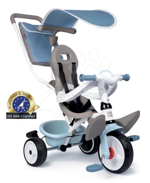 Tricikli és babakocsi egyben magasított háttámlával Baby Balade Plus Tricycle Blue Smoby fékkel és EVA kerekekkel kék 10 hó-tól gyerek játék webáruház - játék rendelés online Tricikli | Triciklik 10 hónapos kortól