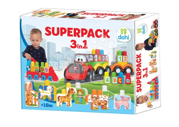 Építőjáték vonat traktorral és állatkákkal Superpack 3in1 Dohány nagy kockák nyomattal 18 hó-tól gyerek játék webáruház - játék rendelés online Bébijátékok | Érzékek és motorika fejlesztése   | Baba építőjáték és kockák