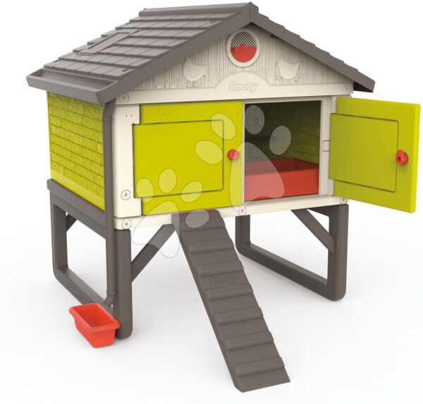 Tyúkól 5 tyúknak Cluck Cluck Cottage Green Smoby 4 ajtós feljáróval etetővel és fészek műtojással 128 cm magas gyerek játék webáruház - játék rendelés online Kerti játszóházak | Tyúkólak