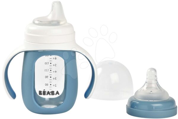 Tanuló ivó palack bidon 2in1 Learning Bottle 210ml Blue Beaba kék szilikon borítással 4 hó-tól BE913519 gyerek játék webáruház - játék rendelés online Babakellékek | Babaetetés és szoptatás | Babaétkezési eszközök  | Gyerek itatópoharak