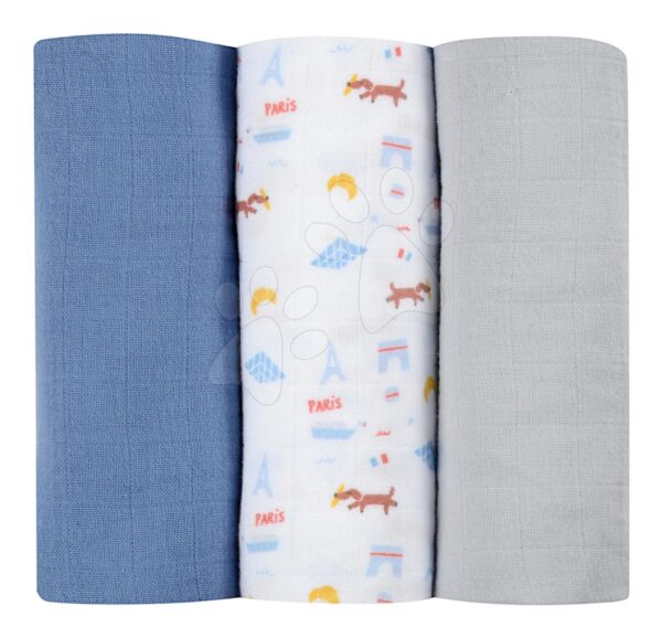 Textil pelenkák pamut muszlinból  Cotton Muslin Cloths Beaba Paris 3 darabos csomag 70*70 cm 0 hó-tól kék gyerek játék webáruház - játék rendelés online Babakellékek | Pelenkák és pelenkázás | Pelenkák