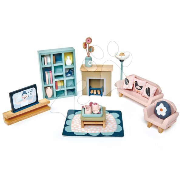 Fa bútorok nappaliba Dovetail Sitting Room Set Tender Leaf Toys 14 darabos készlet komplett felszereléssel gyerek játék webáruház - játék rendelés online Fa gyerekjátékok | Fa babaházak