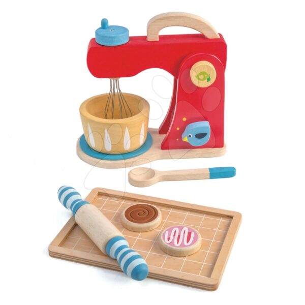 Fa mixer hanggal Baker's Mixing Tender Leaf Toys 7 darabos készlet konyhai eszközökkel és sütikkel gyerek játék webáruház - játék rendelés online Játékkonyhák | Fa játékkonyhák