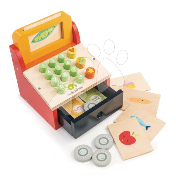 Fa pénztárgép Till with Money Tender Leaf Toys 5 élelmiszerrel és fizetőeszközzel gyerek játék webáruház - játék rendelés online Szerepjátékok | Szupermarketek | Fa játék szupermarket
