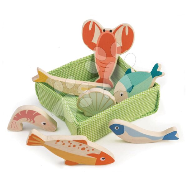 Fa halacskák és tenger gyümölcsei Fish Crate Tender Leaf Toys 7 darab textil kosárban gyerek játék webáruház - játék rendelés online Játékkonyhák | Fa játékkonyhák