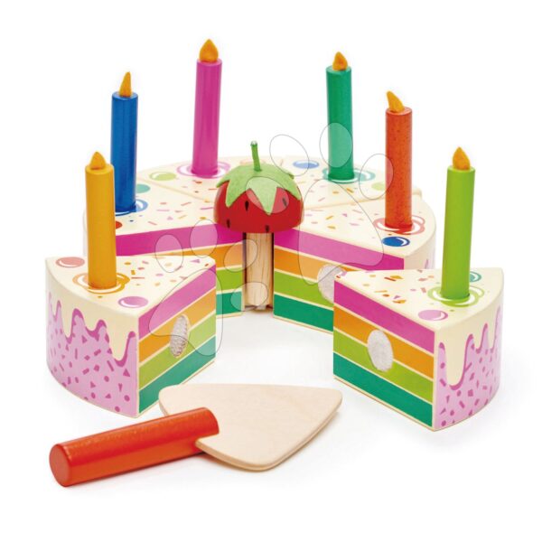Fa torta eperrel Rainbow Birthday Cake Tender Leaf Toys 6 szelet 6 gyertyával gyerek játék webáruház - játék rendelés online Játékkonyhák | Fa játékkonyhák