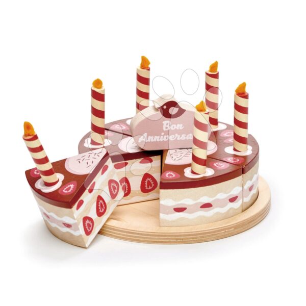Fa csokitorta Chocolate Birthday Cake Tender Leaf Toys 6 szelet 6 gyertyával a tányéron gyerek játék webáruház - játék rendelés online Játékkonyhák | Fa játékkonyhák