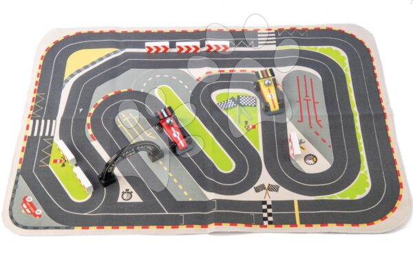 Fa versenyautók Formula One Racing Playmat Tender Leaf Toys vászon versenypályán kiegészítőkkel gyerek játék webáruház - játék rendelés online Fa gyerekjátékok | Fa kisautók