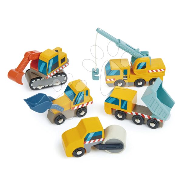 Fa munkásautók Construction Site Tender Leaf Toys úthenger markológép teherautó homlokrakodó és daru gyerek játék webáruház - játék rendelés online Fa gyerekjátékok | Fa kisautók