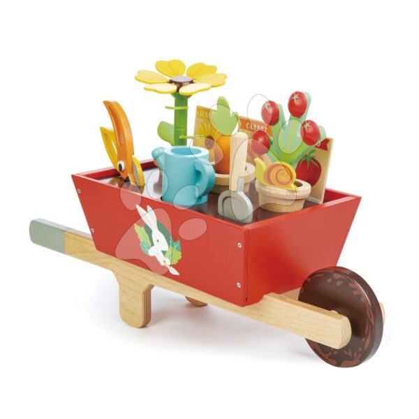 Fa talicska kerti szerszámokkal Garden Wheelbarrow Tender Leaf Toys 13 részes virágtartók locsolókannával és növényekkel gyerek játék webáruház - játék rendelés online Fa gyerekjátékok | Fajátékok szerepjátékhoz