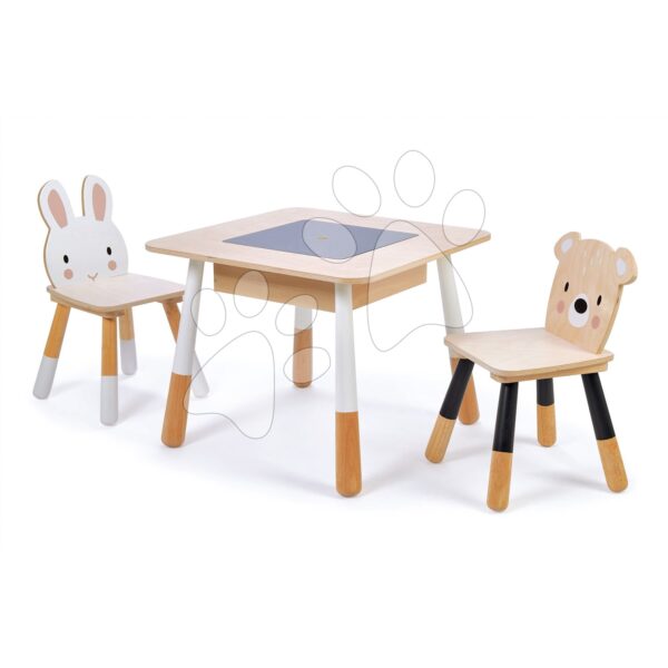 Fa gyerekbútor Forest table and Chairs Tender Leaf Toys asztal tárolórésszel és két kisszékkel mackó és nyuszi gyerek játék webáruház - játék rendelés online Fa gyerekjátékok | Fa gyerekbútor
