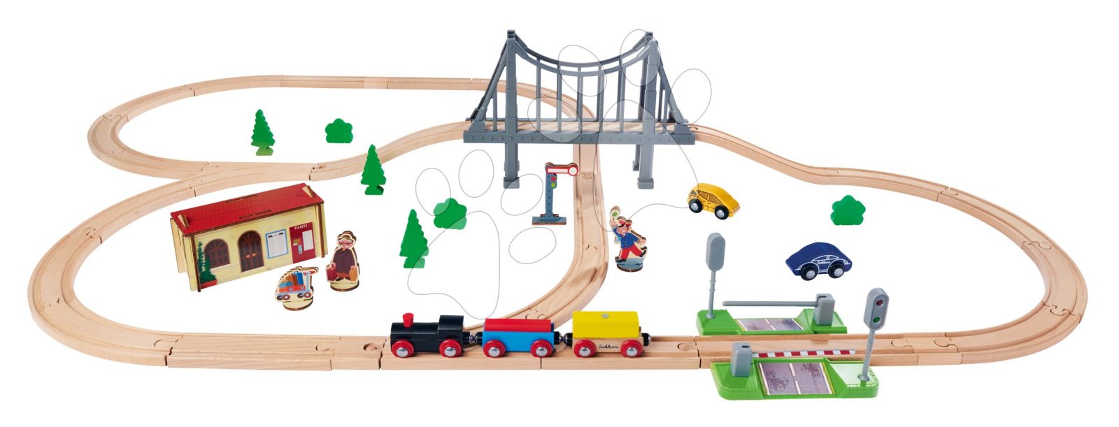 Fa vasúti sínpálya Train Set with Bridge Eichhorn mozdonnyal vagonnal híddal és kiegészítőkkel 55 darabos 500 cm hosszú sínpálya gyerek játék webáruház - játék rendelés online