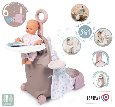 Pelenkázó kocsi kerekeken Suitcase 3in1 Natur D'Amour Baby Nurse Smoby ágyikóval és etetőszékkel és 6 kiegészítővel 18 hó-tól gyerek játék webáruház - játék rendelés online