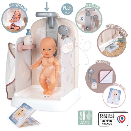 Fürdőszoba játékbabának működő zuhannyal Shower Baby Nurse Smoby levehető zuhanyfejjel fürdőköpennyel és használati útmutatóval 3 évtől gyerek játék webáruház - játék rendelés online