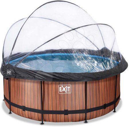 Medence búrával és homokszűrős vízforgatóval Wood pool Exit Toys kerek acél medencekeret 360*122 cm barna 6 évtől gyerek játék webáruház - játék rendelés online