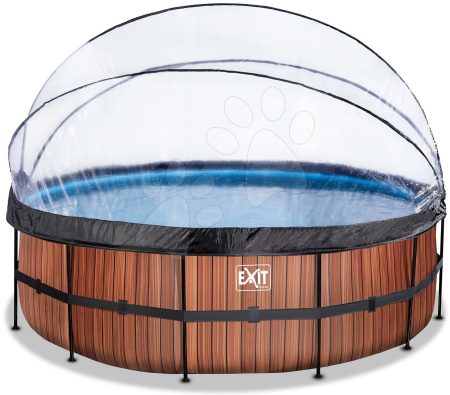 Medence búrával és homokszűrős vízforgatóval Wood pool Exit Toys kerek acél medencekeret 450*122 cm barna 6 évtől gyerek játék webáruház - játék rendelés online