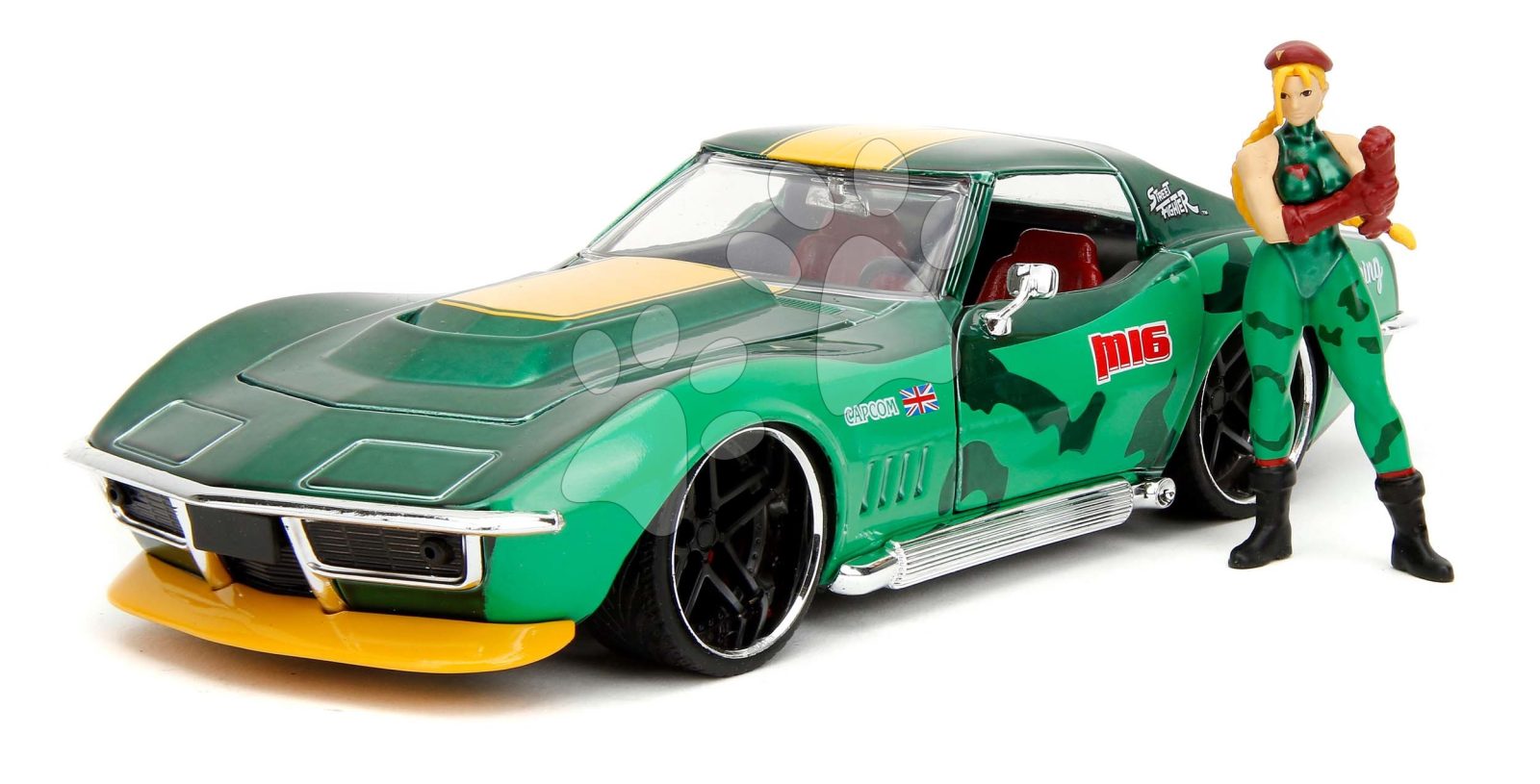 Kisautó Chevrolet Stingray 1969 Street Fighter Jada fém nyitható részekkel és fém figura Cammy White hossza 20 cm 1:24 gyerek játék webáruház - játék rendelés online