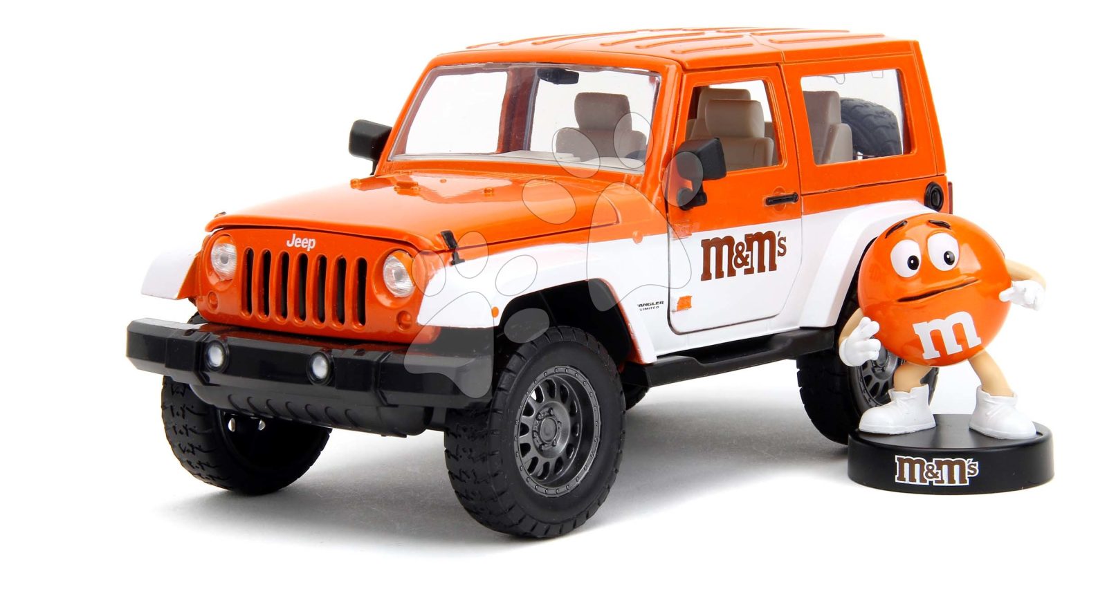 Kisautó Jeep Wrangler 2007 M&M Jada fém nyitható ajtókkal és Orange figura hossza 18 cm 1:24 gyerek játék webáruház - játék rendelés online