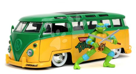 Kisautó Tini Nindzsa Teknőcök VW Bus 1962 Jada fém nyitható ajtókkal és Leonardo akciófigurával hossza 20 cm 1:24 gyerek játék webáruház - játék rendelés online