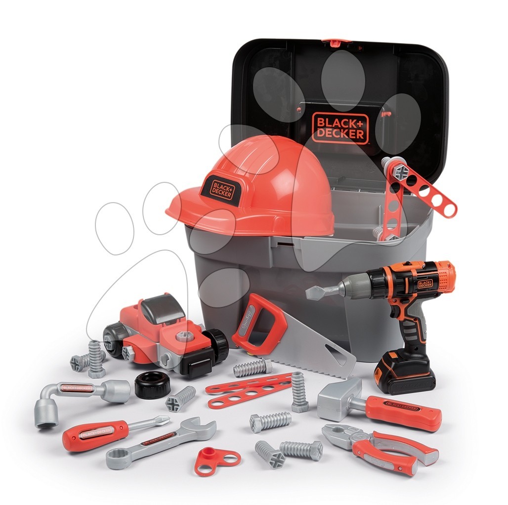 Szerszámos koffer mechanikus fúróval Black+Decker Toolbox Smoby sisakkal és összeszerelhető kisautóval 50 kiegészítő gyerek játék webáruház - játék rendelés online