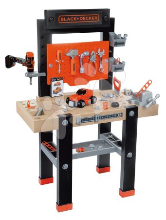 Barkácsműhely mechanikus fúrógéppel Black&Decker Bricolo Center Workbench Smoby kalapáccsal és összeszerelhető kisautóval 92 kiegészítő 103 cm magas gyerek játék webáruház - játék rendelés online