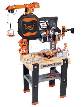 Munkaasztal funkcionális daruval Black&Decker Bricolo Builder Smoby autó építőjátékkal fúrógéppel és 94 kiegészítővel 117 cm magas gyerek játék webáruház - játék rendelés online