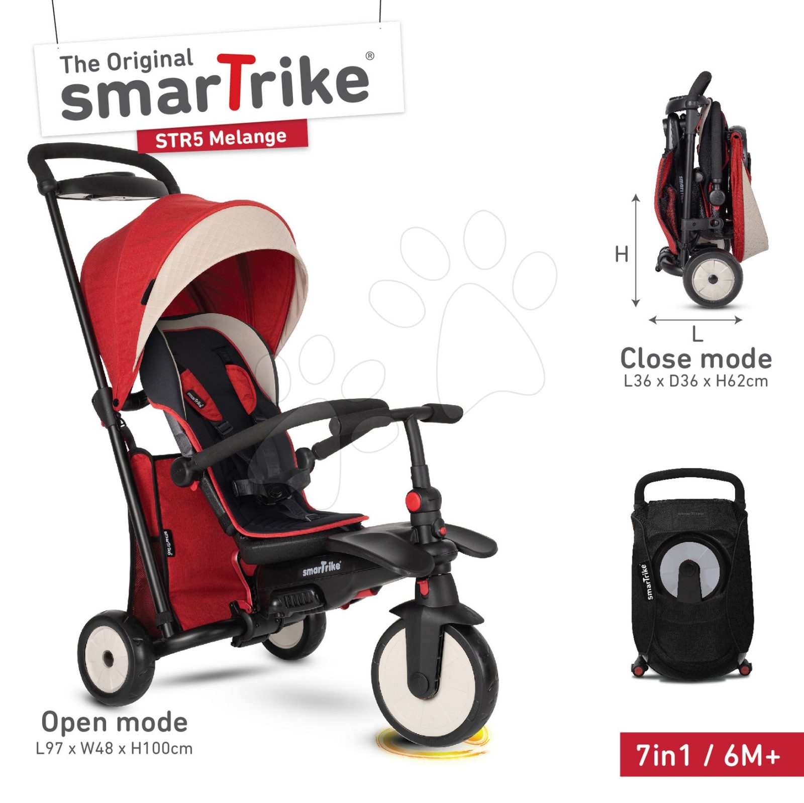 Tricikli összecsukható smarTfold 7in1 Stroller Melange smarTrike 500 TouchSteering piros párnázott EVA kerekekkel 9 hó-tól mint babakocsi gyerek játék webáruház - játék rendelés online