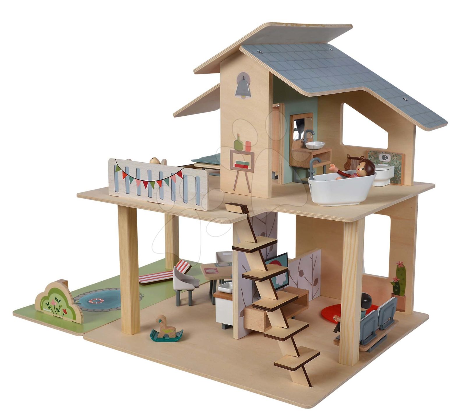 Fa babaház Doll´s House with Furnitures Eichhorn emeletes 4 szobával 3 figurával és bútorokkal magassága 44 cm gyerek játék webáruház - játék rendelés online