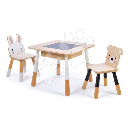 Fa gyerekbútor Forest table and Chairs Tender Leaf Toys asztal tárolórésszel és két kisszékkel mackó és nyuszi gyerek játék webáruház - játék rendelés online